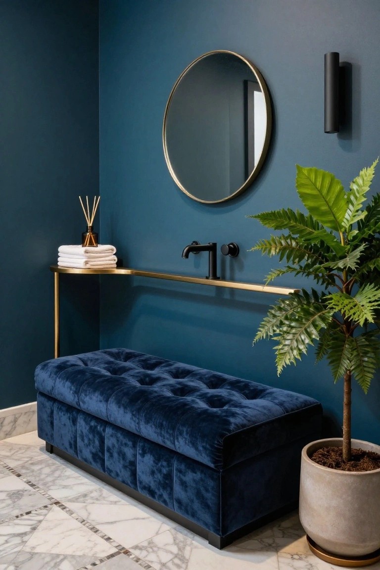 Corner of a deep blue powder room with navy tufted velvet bench on marble floor, gold wall shelf holding white towels and reed diffuser, black wall-mounted faucet, round gold mirror, wall sconce, and large potted green plant.