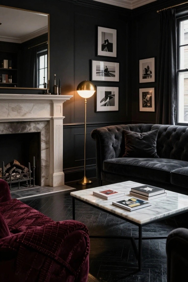 Dark-walled living room corner with charcoal gray tufted velvet sofa, deep burgundy tufted velvet sofa, marble coffee table on black metal frame, gold floor lamp, and marble fireplace with firewood.