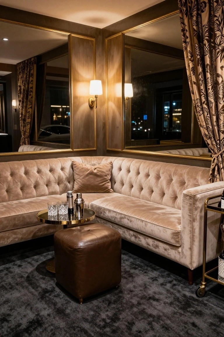 Corner lounge with L-shaped pale pink tufted velvet sofa, brass coffee table holding glasses and cocktail shaker, brown leather ottoman, gold bar cart with bottle, large gold-framed mirrors, wall lamps, and patterned curtains in a dimly lit room.