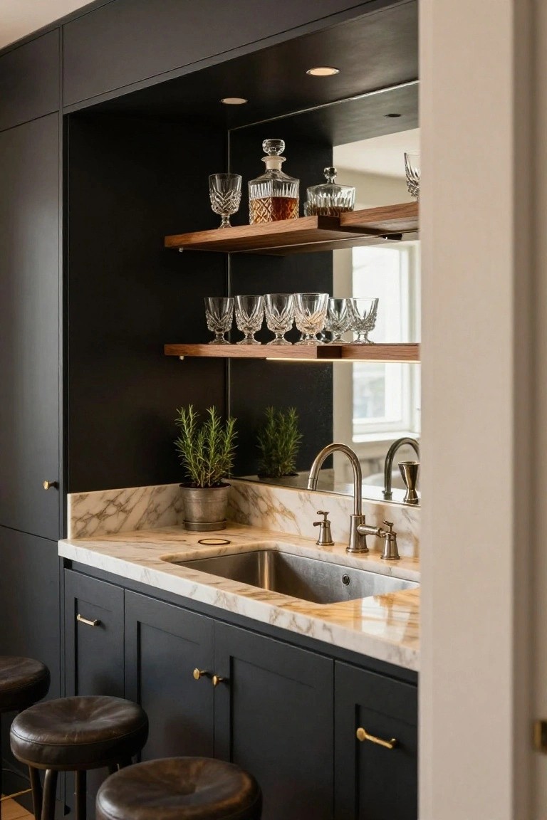 Built-in home bar featuring matte black cabinets, white veined marble countertop with integrated sink, wooden shelves holding crystal glassware and liquor bottles, backlit mirror, potted rosemary plants, and two leather bar stools.