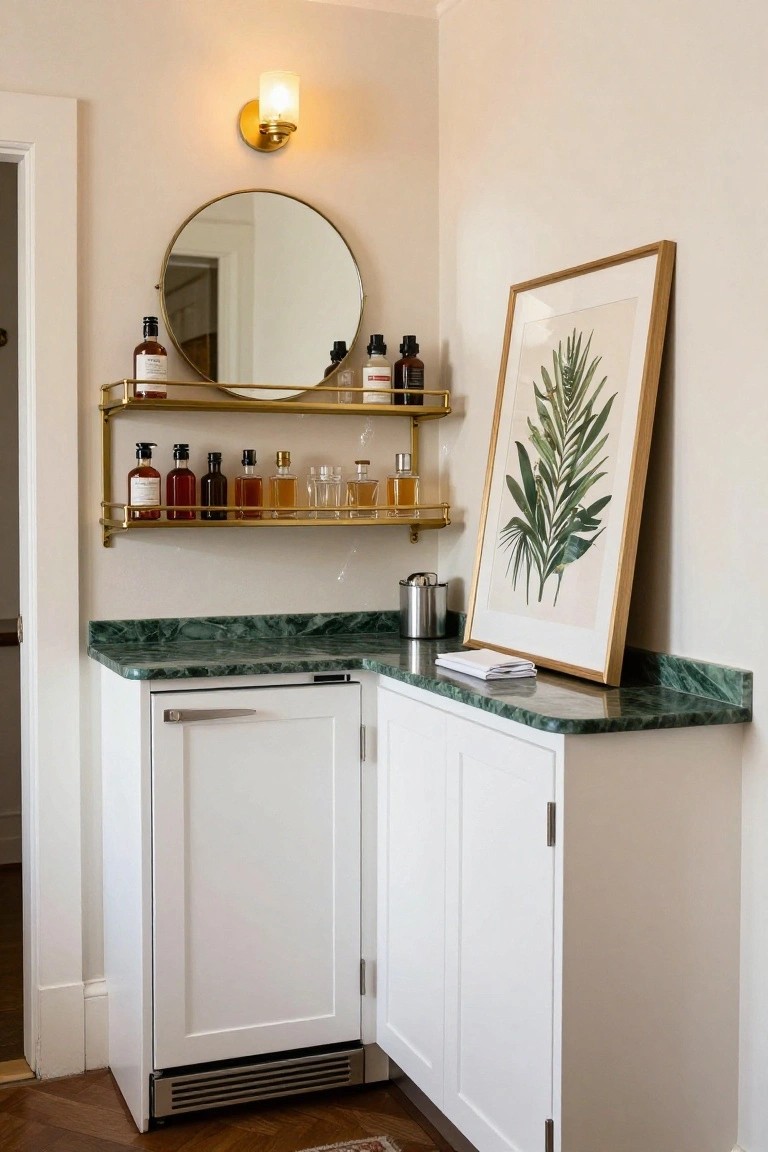 Corner indoor home bar with green marble countertop, white cabinets including under-counter refrigerator, gold wall shelves with assorted liquor bottles, round brass mirror, wall sconce light, and framed leaf artwork.