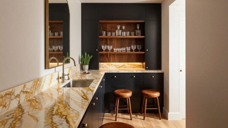 Built-in home bar featuring matte black cabinets, white veined marble countertop with integrated sink, wooden shelves holding crystal glassware and liquor bottles, backlit mirror, potted rosemary plants, and two leather bar stools.