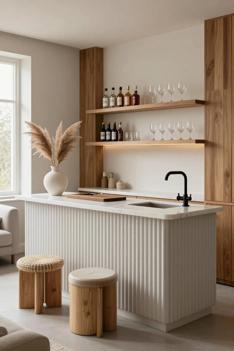Light modern kitchen interior with white fluted island bar, marble countertop, black faucet, wooden stools, pampas grass vase, and wooden shelves holding liquor bottles and glassware.