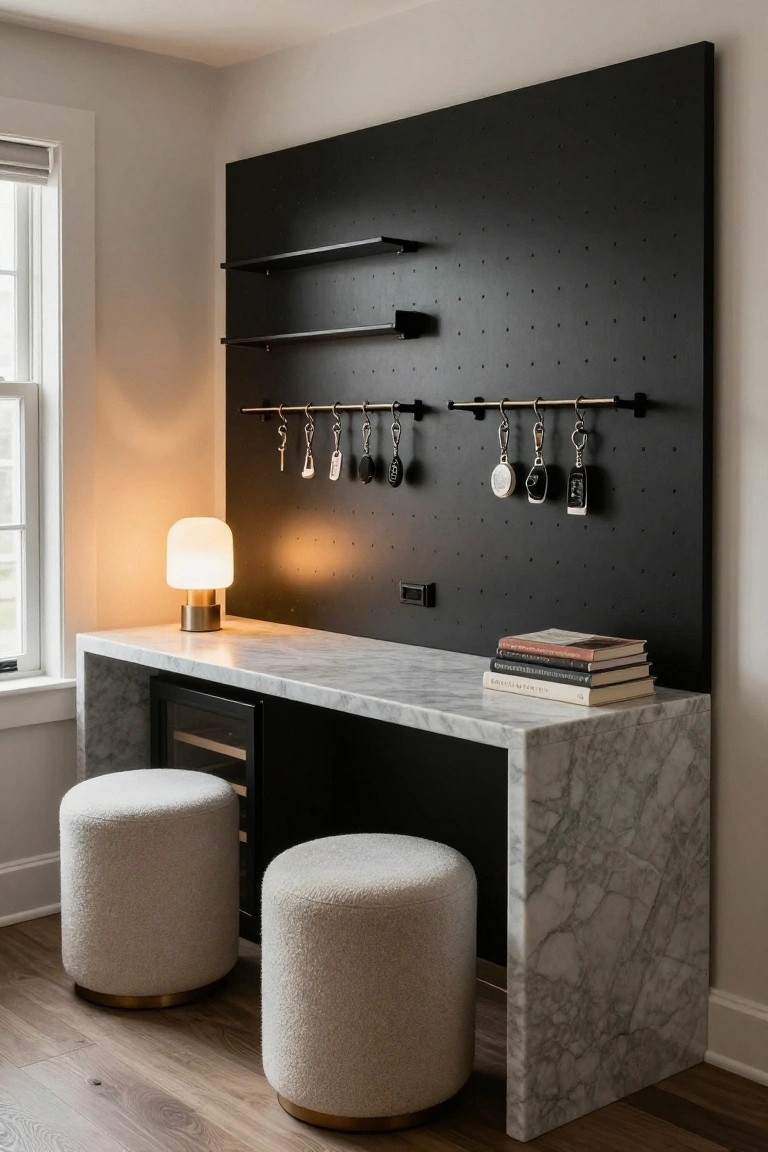 White marble-topped desk with black mini-fridge drawer underneath, two cream pouf stools, black pegboard wall with shelves and key hooks, table lamp, and stacked books on the counter in a light room.