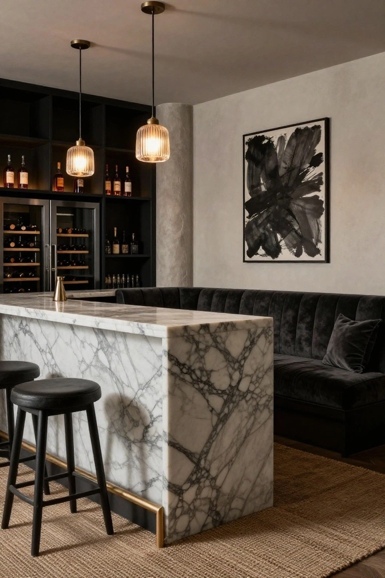 Home bar interior with white veined marble peninsula countertop, two black leather barstools, adjacent black velvet tufted banquette sofa, black cabinetry with wine storage and liquor shelves, brass pendant lights, and large abstract black painting on beige wall.