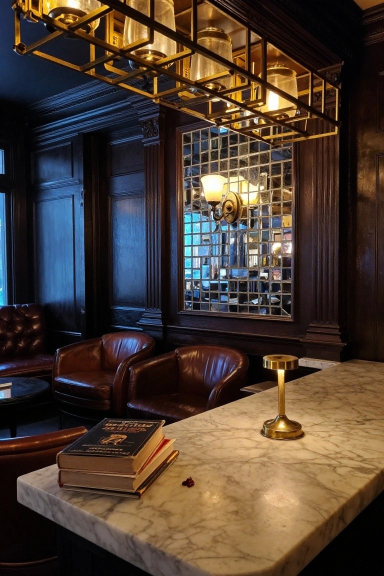 Dark wood-paneled interior with leather armchairs, marble bar counter holding stacked books and brass lamp, brass overhead lighting, and mirrored wall.