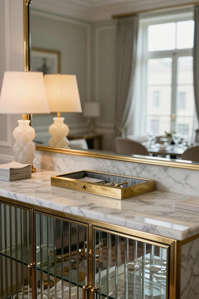 Close-up of a white marble-topped console table holding a gold tray with accessories and stacked white napkins, flanked by twisted white glass lamps, with a matching brass-and-glass cabinet below, all reflected in a large gold-framed mirror in an elegant interior.
