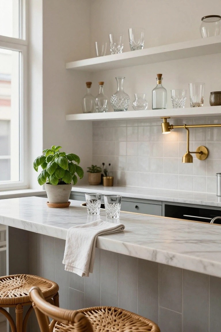 Kitchen with white marble bar countertop island, two rattan bar stools, open white shelves holding glassware and bottles, brass wall sconces, gray subway tile walls, and potted basil plant.