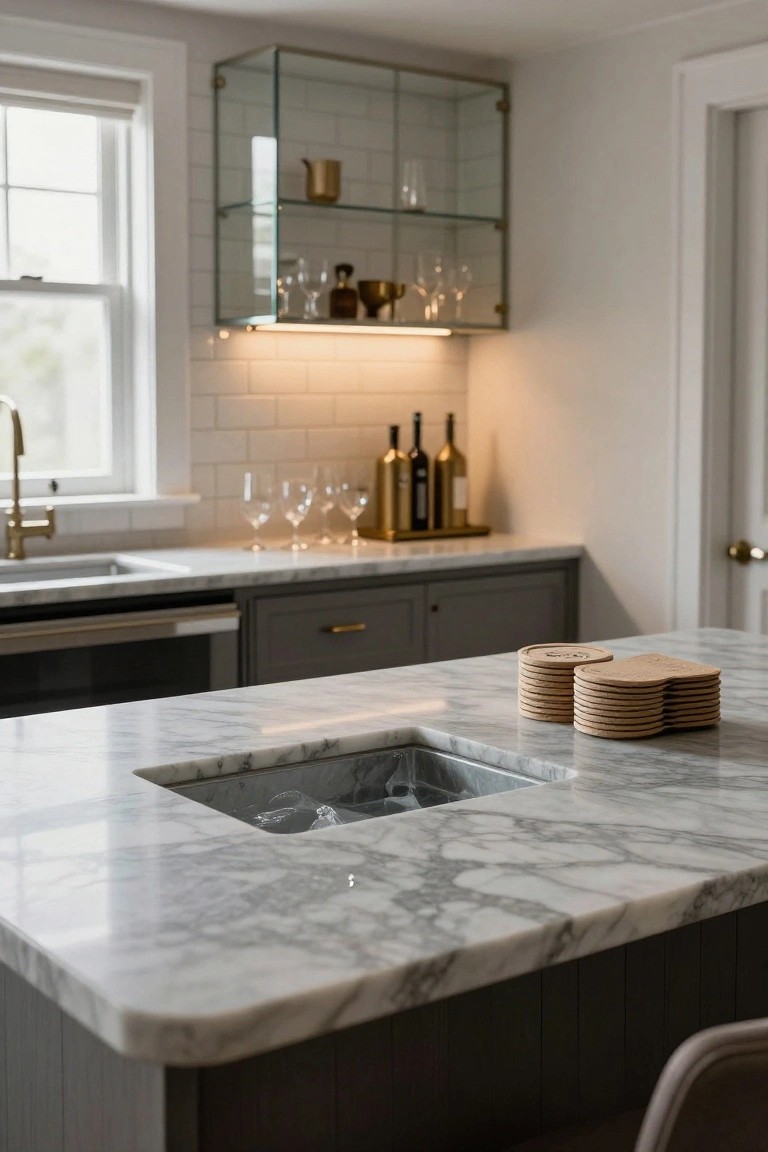Kitchen island with white veined marble countertop featuring an integrated sink filled with water, stacks of wooden coasters on top, gray cabinets below, and barware on shelves nearby.