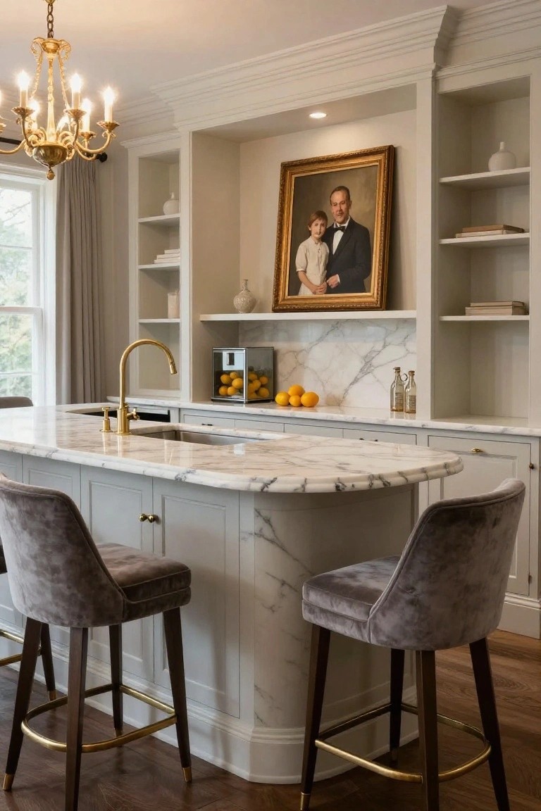 White marble kitchen island with integrated sink, gold faucet and hardware, gray cabinets, two gray velvet barstools, built-in shelving, and a framed portrait above.
