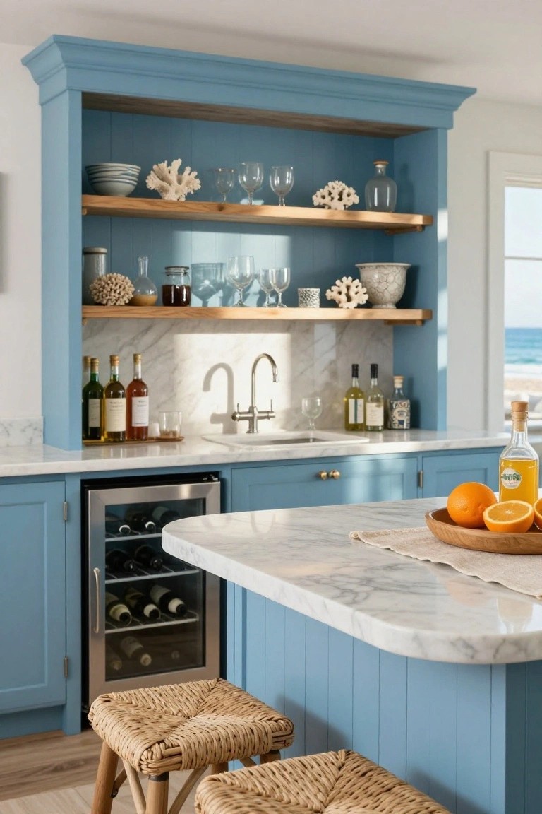 Blue painted kitchen with marble countertop island bar featuring under-counter wine fridge, rattan bar stools, open wood shelving displaying glassware and decor, sink area with wine bottles, and ocean view through window.