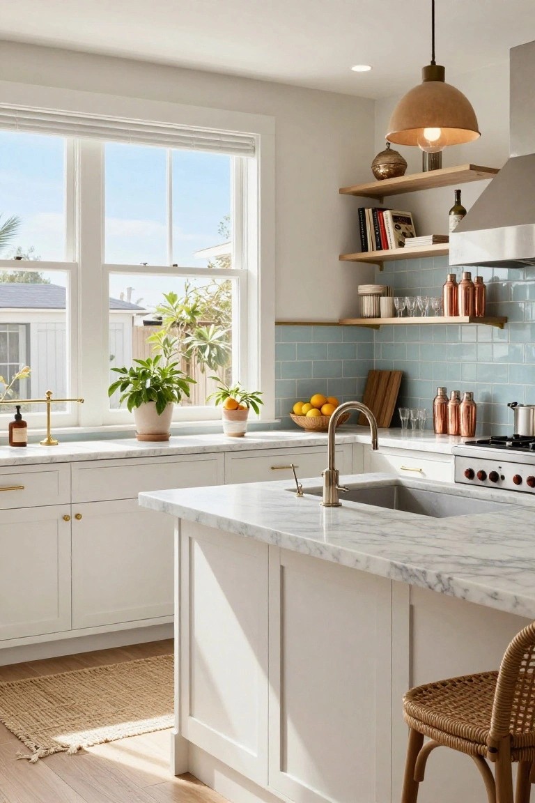 Bright kitchen interior featuring white shaker-style cabinets, white marble island countertop with brass faucet and sink, rattan bar stool, and large window with plants and palm views.
