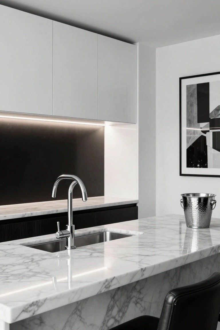 Modern white kitchen island with Calacatta marble countertop, integrated stainless steel sink, chrome gooseneck faucet, hammered silver champagne bucket, black leather bar stool, white overhead cabinets, black backsplash, and LED strip lighting.