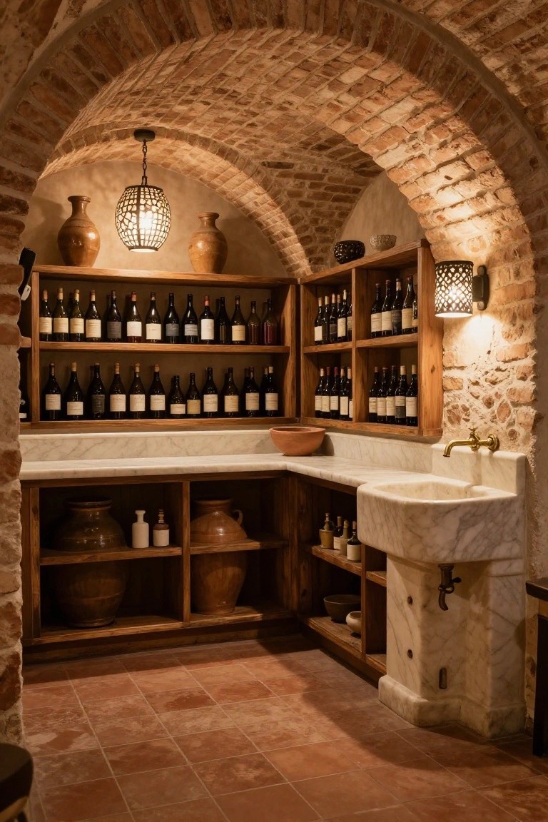 Brick-arched wine cellar interior with wooden shelves of wine bottles, large terracotta pots, wooden cabinets, and a white marble corner sink and countertop on terracotta tile floor.