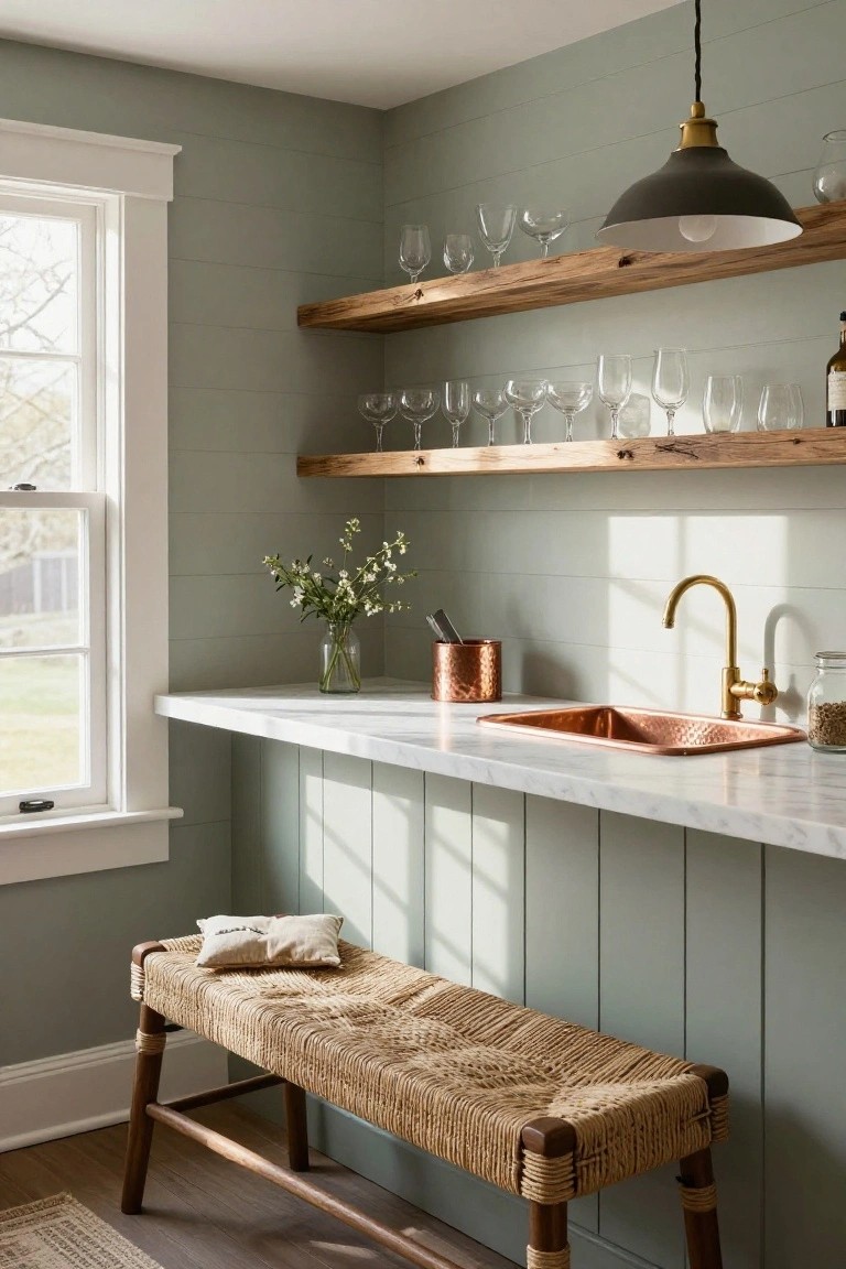 Sage green shiplap wall with floating rough wood shelves displaying wine glasses and bottles above a white marble countertop bar that includes a hammered copper sink, gold faucet, potted plant, and rattan bench with cushion, next to a white-framed window letting in sunlight.