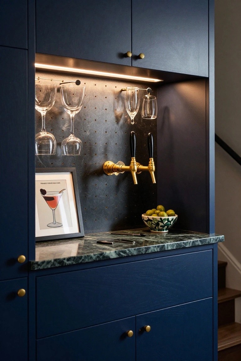 Navy blue cabinetry forming a home bar with green marble countertop, brass beer taps on a pegboard wall holding wine glasses, a bowl of olives, and a framed martini print.