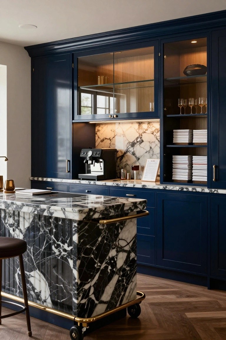 Kitchen bar area with navy blue cabinets, white marble counters and island featuring black veining, espresso machine, glassware storage, white linens, and brown leather stool on wood floor.