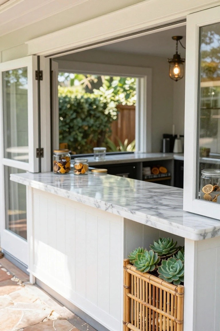 White cabinetry with marble countertop forming an outdoor bar pass-through via open bi-fold doors to a kitchen, jars of dried fruit and citrus on the counter, potted succulents in a rattan basket, patio stone flooring outside.