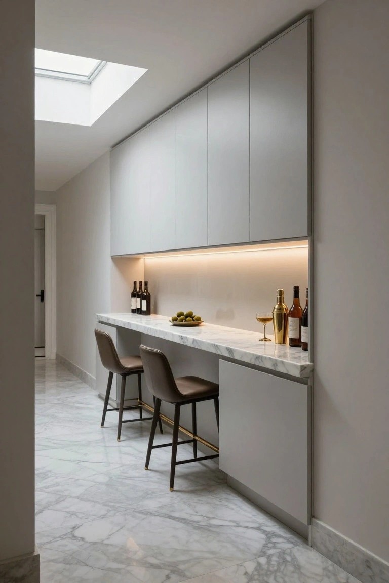 Narrow built-in home bar in a hallway with gray cabinets, white marble countertop extending over two tan leather bar stools, backlit open niche displaying wine bottles and gold cocktail shaker, and white marble tile floor.