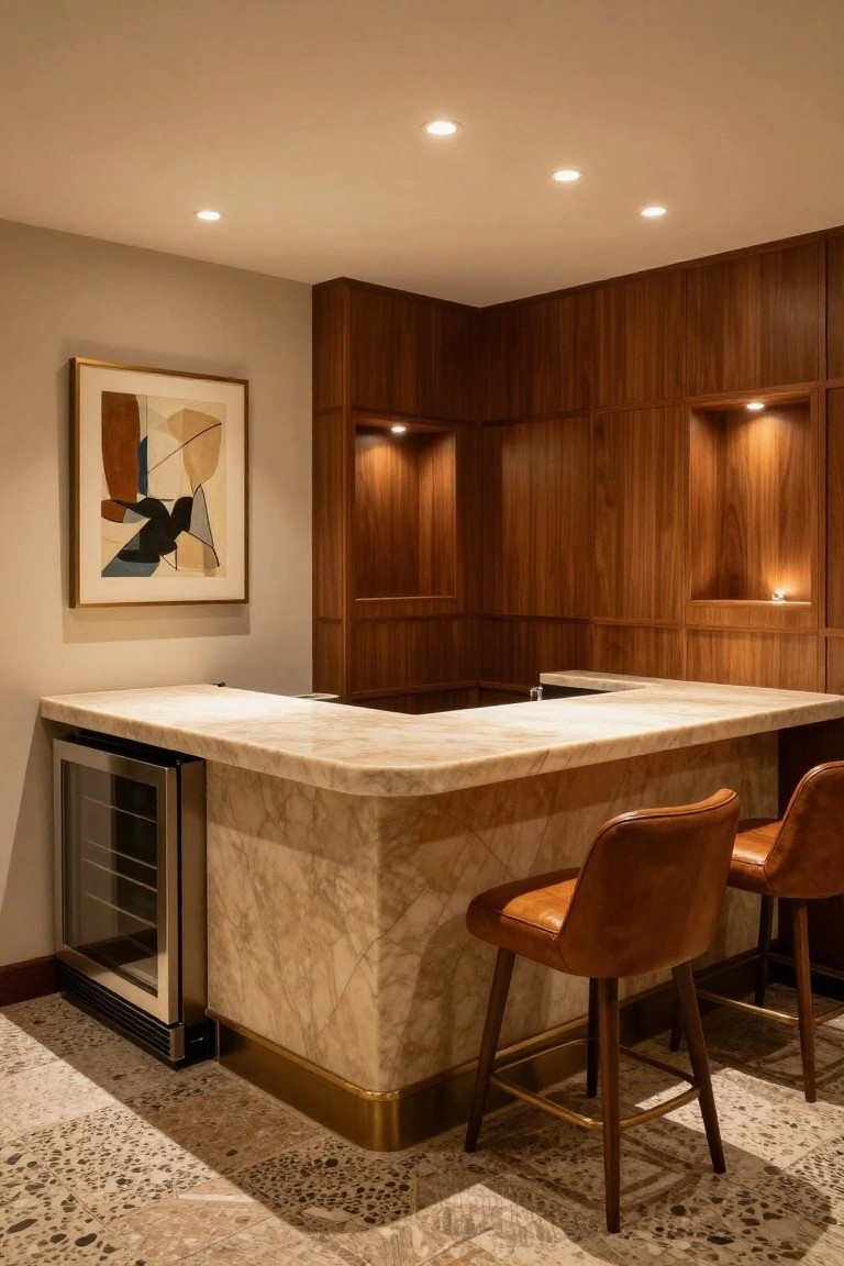 Corner home bar with curved white marble countertop, stainless steel wine cooler underneath, walnut wood paneling on walls and cabinets, two tan leather barstools, brass base trim, and lit niches in a room with terrazzo flooring.