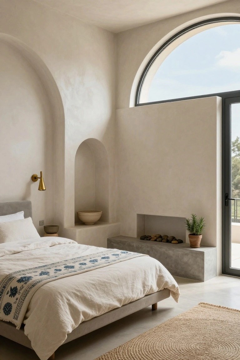 A bedroom with light beige textured plaster walls featuring curved arches and niches containing a bowl and small pots, a low platform bed with white linens and blue runner, built-in fireplace with logs, gold wall sconce, large arched window, and glass door to a balcony overlooking trees.