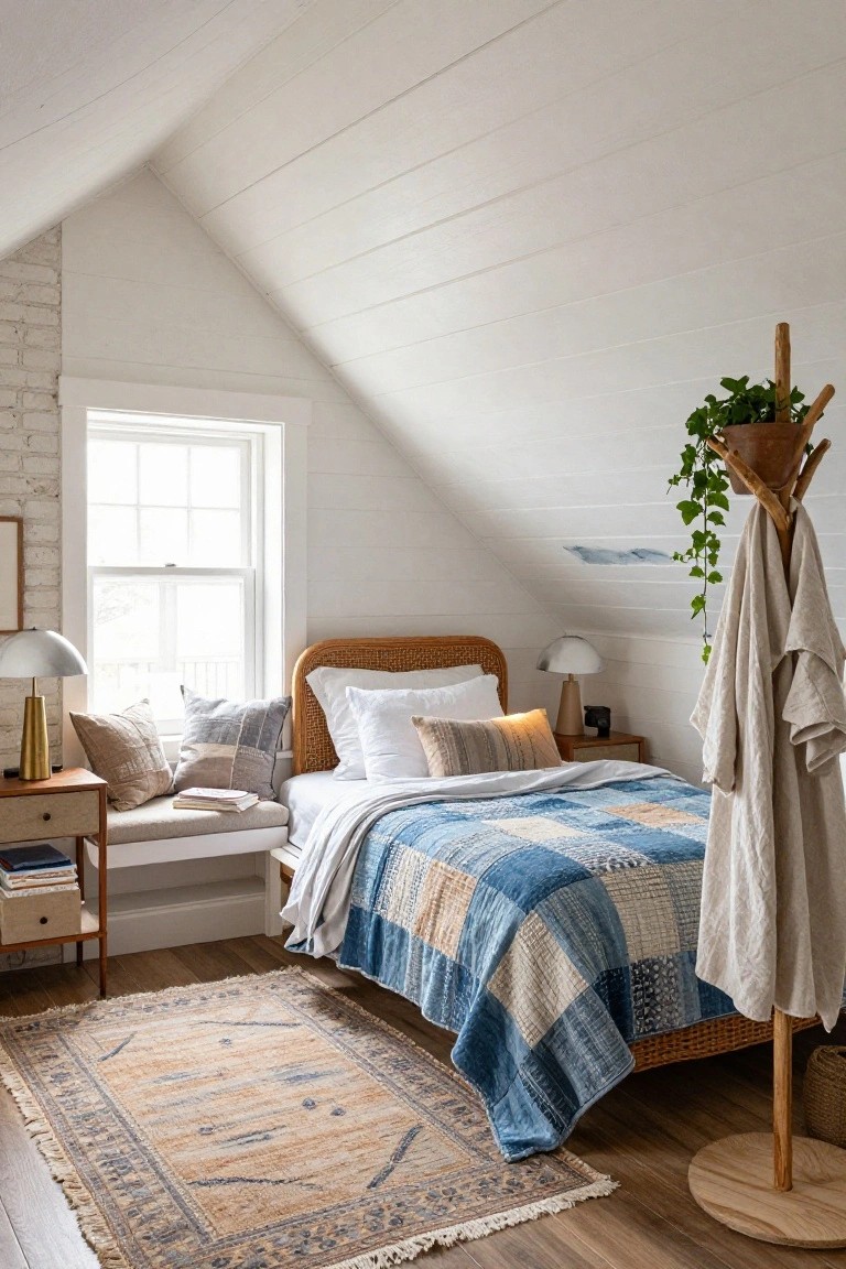 Attic bedroom with white sloped ceilings, rattan bed frame covered in blue patchwork quilt and white sheets, brick accent wall, window seat with books, two arched lamps, beige rug, and wooden plant stand with hanging towel.