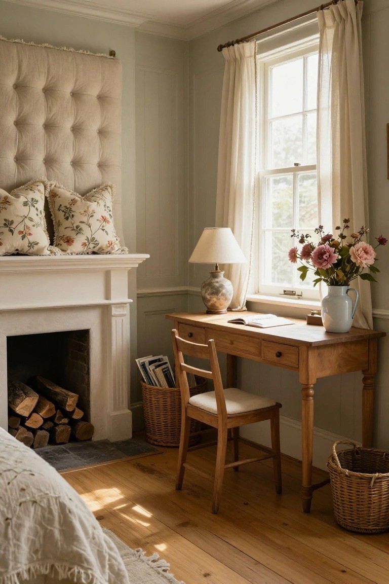 Pale green bedroom interior with tufted beige headboard on wall, white fireplace holding firewood, wooden desk and chair positioned by sunlit window with sheer curtains, desk lamp, vase of pink flowers, open book, magazines in wicker basket, and hardwood floors.