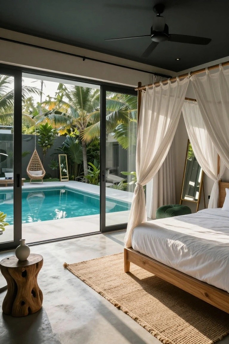 A bedroom featuring a wooden canopy bed with white sheer curtains, open sliding glass doors to a turquoise pool, tropical plants outside, and a concrete floor with a jute rug.