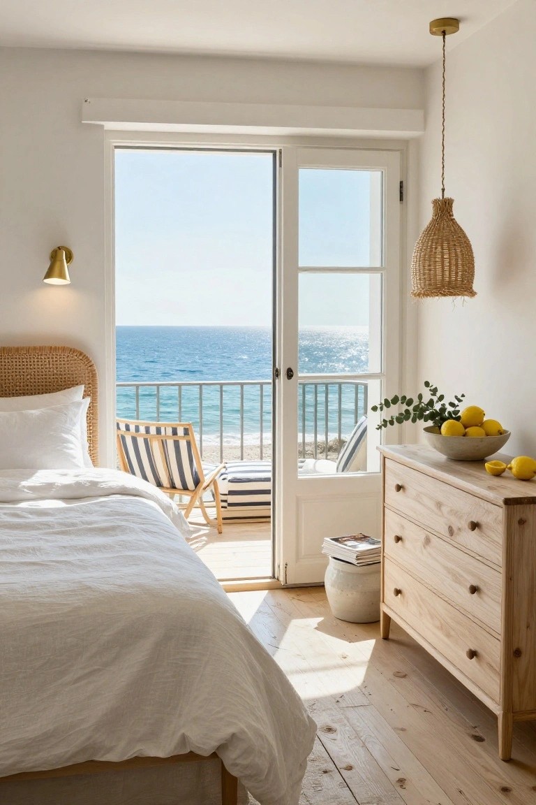 Bright bedroom interior with rattan bed and white linens, open glass doors to balcony overlooking ocean, wooden dresser holding lemons and eucalyptus, striped chairs and ottoman on balcony.