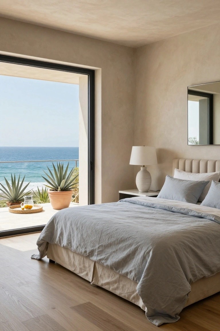 Minimalist bedroom interior with beige plaster walls, light gray linen bed, tufted beige headboard, white lamp on nightstand, and full-height black-framed sliding glass door open to balcony overlooking ocean with potted agave plants.