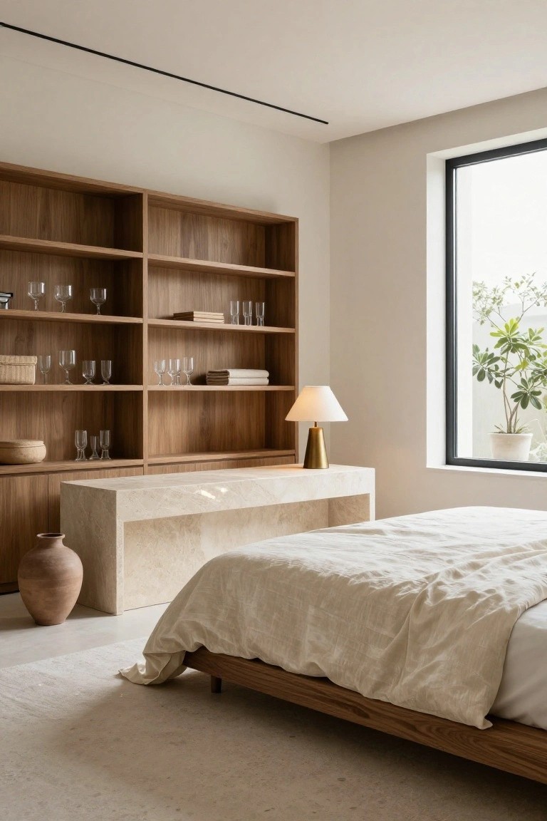 A bedroom with tall wooden shelving units filled with glassware, books, baskets, and linens, a travertine bench beside a low wooden bed draped in white linens, a brass lamp, and a large window with a potted plant.
