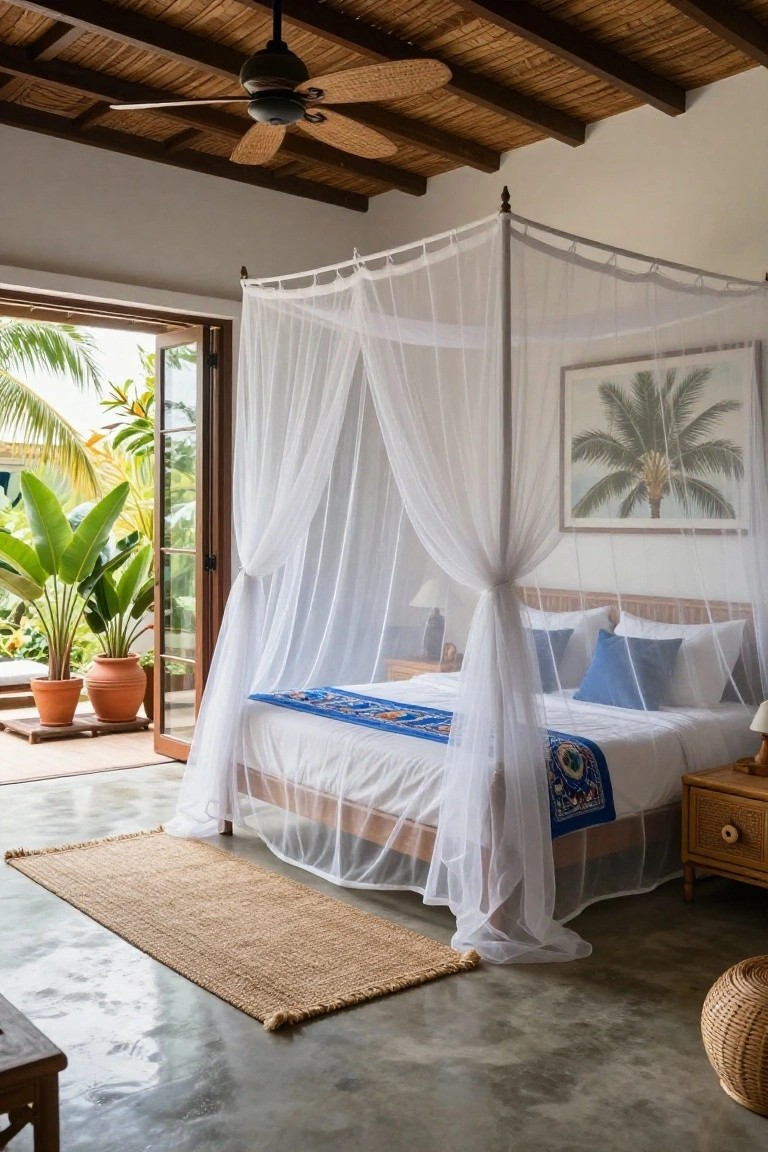 Bedroom interior with a wooden canopy bed draped in white mosquito netting, blue bed runner, open doors to tropical plants and palms, ceiling fan, rattan furniture, and seagrass rug on polished concrete floor.