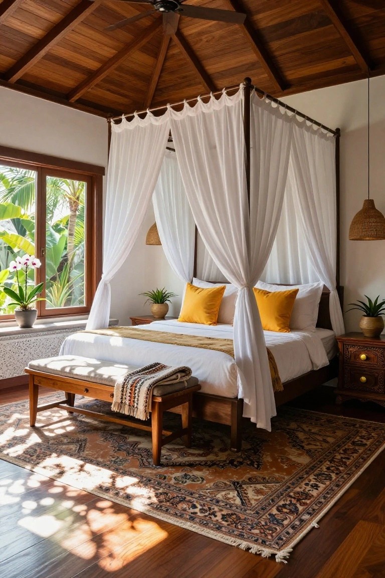 A bedroom with a four-poster wooden bed draped in white sheer curtains, yellow pillows, wooden nightstands and bench, potted plants, rattan lamp, wooden ceiling and floor, large windows showing tropical plants outside, and patterned rug.