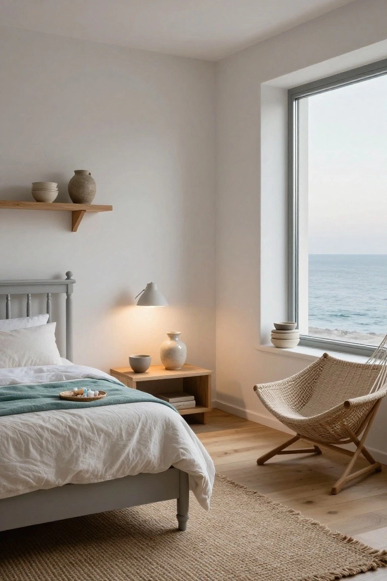 Minimalist bedroom with gray wood bed frame, white linens with teal throw, wooden nightstand holding ceramic bowl and vase, wall-mounted lamp, oak shelves with pottery, large corner window overlooking ocean, wicker hanging chair, seagrass rug on oak floors.