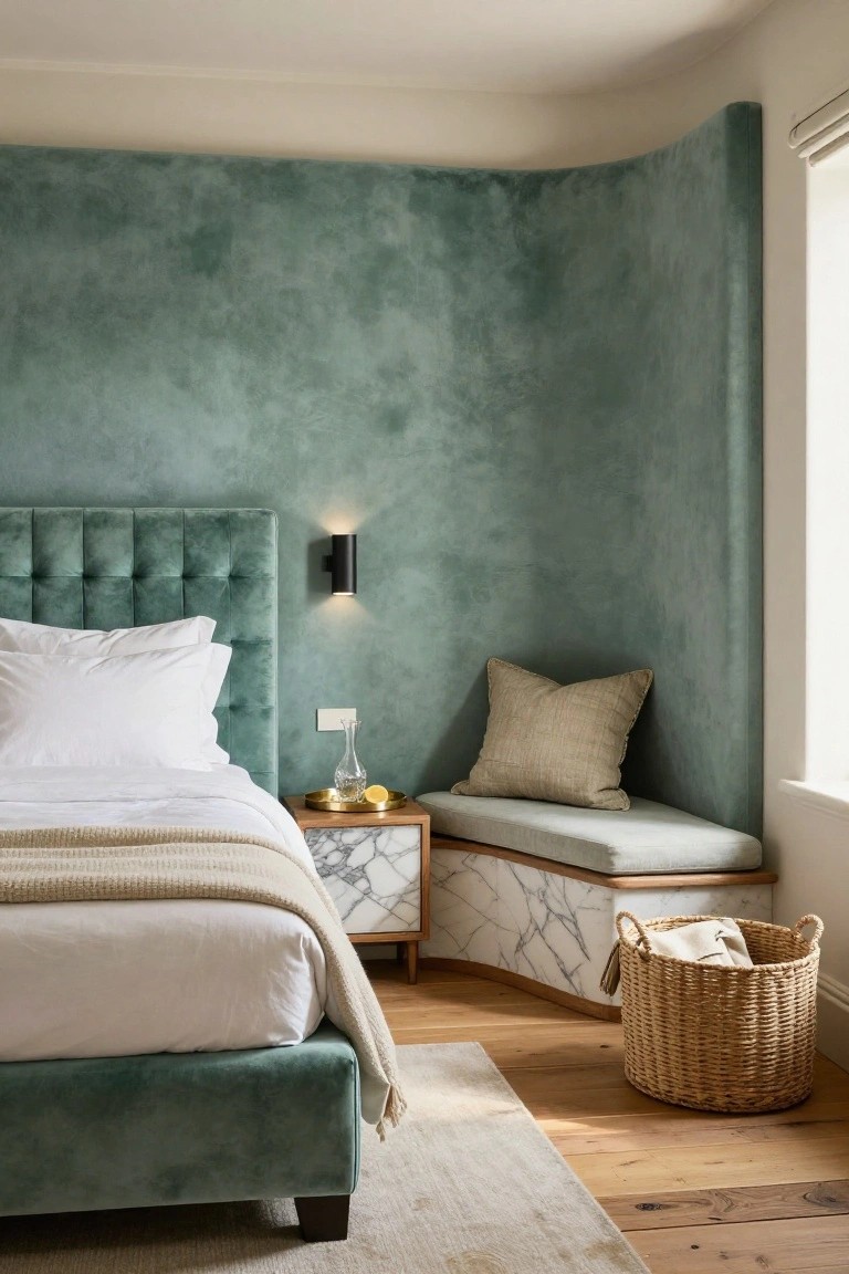 Bedroom corner with curved textured teal walls, tufted teal velvet bed with white bedding and throw, built-in window bench with marble-topped wood base and beige cushion, brass tray with glass decanter on nightstand, wicker basket on oak floor.