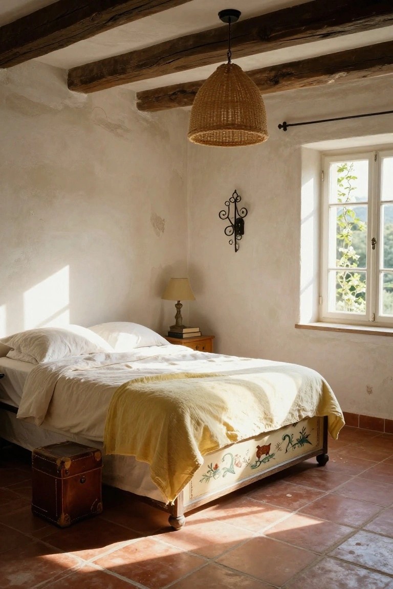 Sunlit rustic bedroom featuring exposed wooden beams on the ceiling, whitewashed walls, a bed with white sheets and yellow throw blanket on a painted footboard, rattan pendant lamp, table lamp on a wooden nightstand, vintage trunk, and window with greenery outside on terracotta tiled floor.