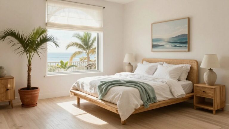 Bright bedroom with curved rattan headboard, white bedding topped with teal throw and pillows, wooden bench at bed foot, nightstand lamp, potted palm tree in terracotta pot, and arched window showing ocean view.