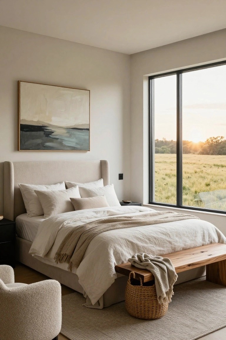 A neutral-toned bedroom with beige upholstered bed headboard, layered white and cream linens, wooden bench at foot with wicker basket and throw, cream bouclé armchair, black nightstand, abstract painting on wall, and black-framed floor-to-ceiling window overlooking golden fields and trees at sunset.