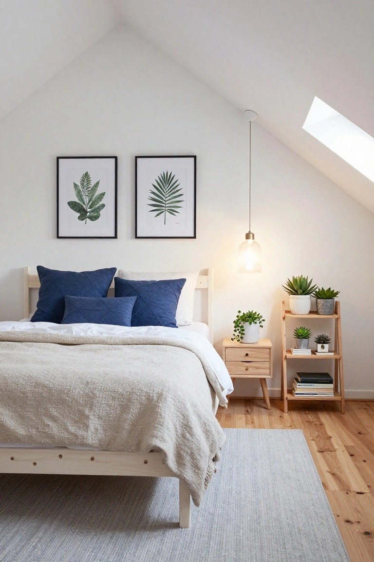 A bedroom under a white sloped ceiling with a wooden bed dressed in white linens and blue pillows, a wooden nightstand, a ladder shelf holding multiple potted plants, wall art of green leaves, a pendant light, and a skylight.