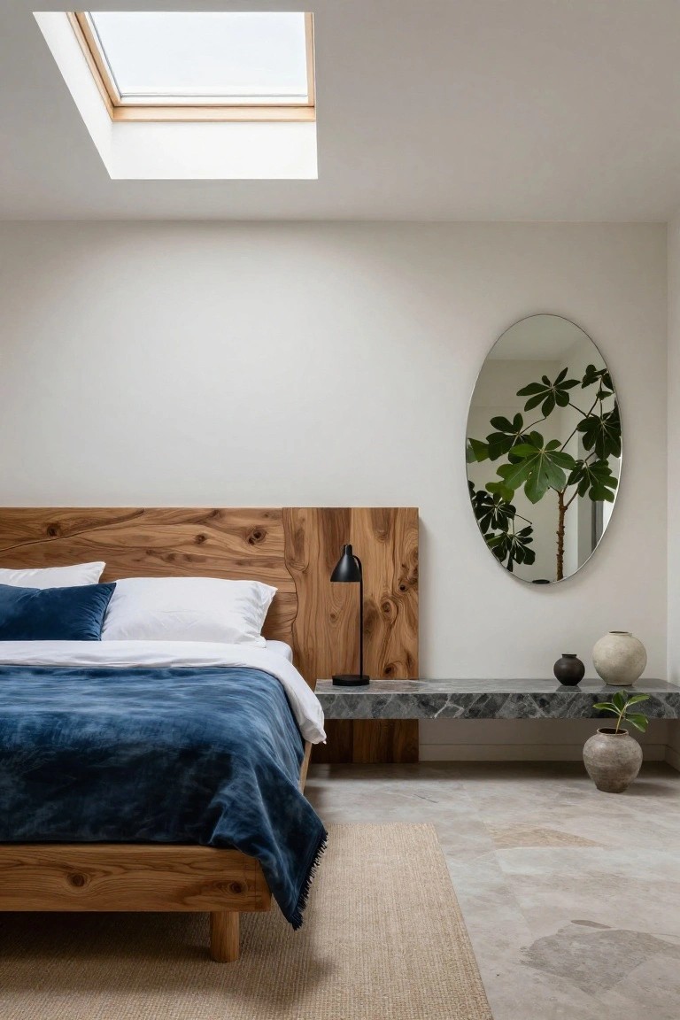 Modern bedroom interior with live-edge wooden headboard and oak bed frame, navy blue velvet duvet and pillows, oval mirror reflecting fiddle leaf fig plant, black lamp on wood shelf, marble console with ceramic pots, seagrass rug on terrazzo floor, and skylight in ceiling.