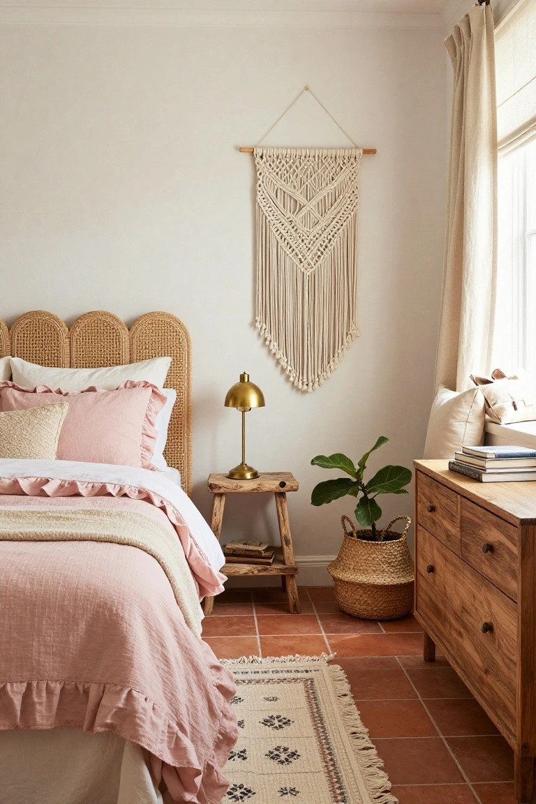 Bedroom with curved rattan headboard, pink ruffled bedding on bed, gold lamp on wood bedside table, macrame wall hanging, potted fiddle leaf fig, wooden dresser with books, woven basket, and rug on terracotta tile floor beside window with sheer curtains.