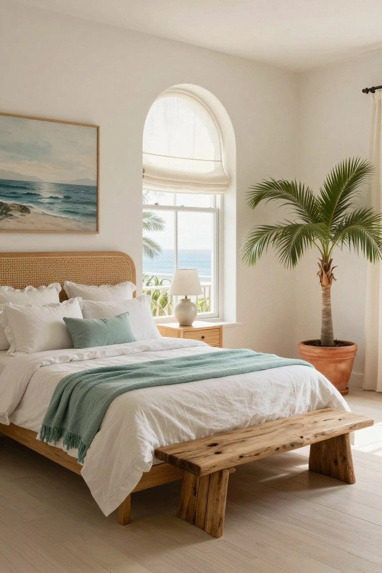 Bright bedroom with curved rattan headboard, white bedding topped with teal throw and pillows, wooden bench at bed foot, nightstand lamp, potted palm tree in terracotta pot, and arched window showing ocean view.