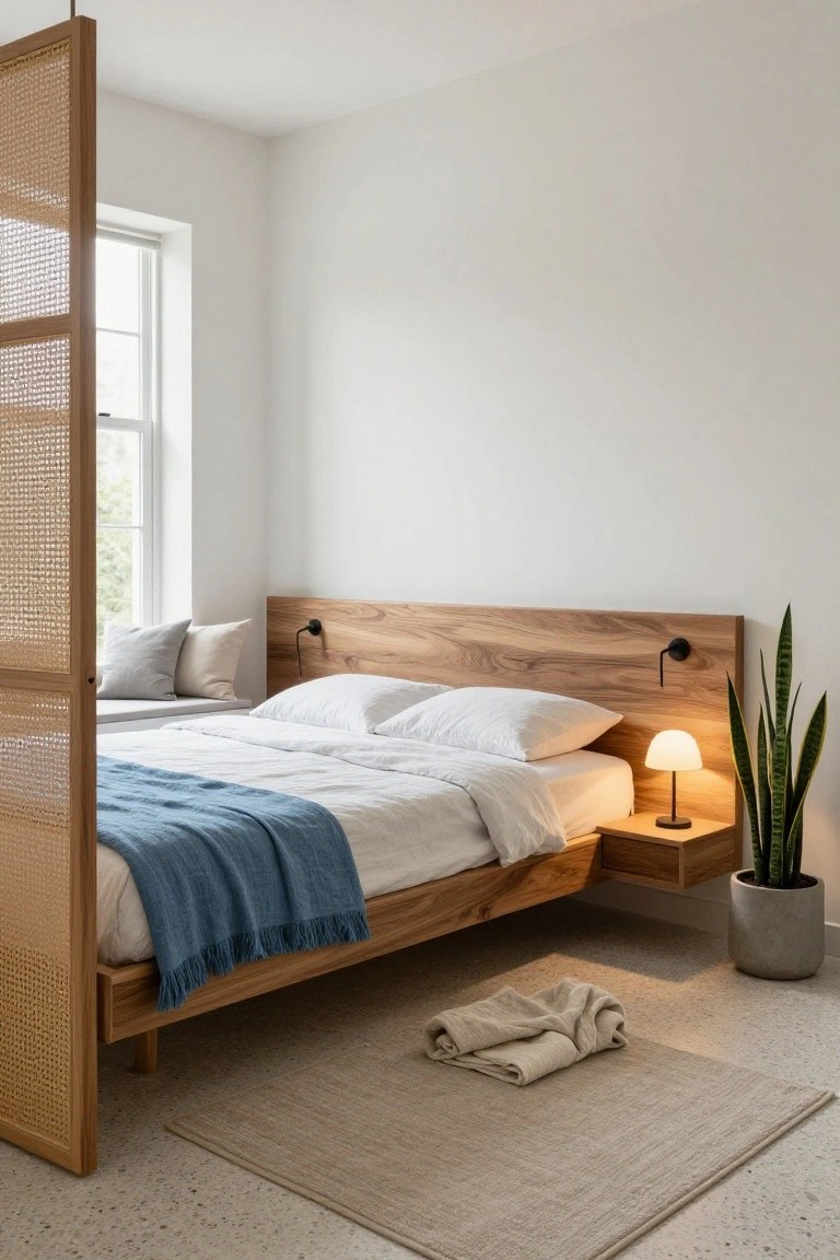 A bedroom corner with a tall vertical rattan screen divider, wooden platform bed with white bedding and blue throw, integrated wood nightstand shelf, wall lamps, snake plant in gray pot, and beige rug on terrazzo floor.