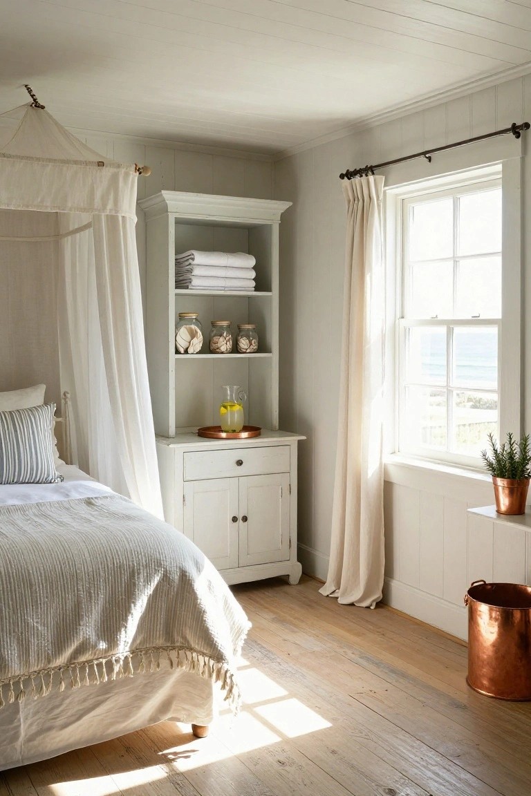 Bedroom with white four-poster bed draped in sheer canopy fabric, open white wooden shelving unit holding folded towels jars and shells, small white dresser with copper tray and lemon water jug, large window with beige curtains showing ocean view, potted rosemary plant, copper bucket on light wood floor.