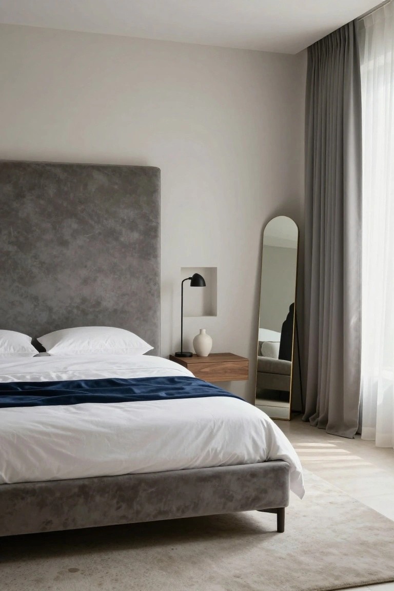 Modern bedroom interior with gray velvet upholstered platform bed and headboard, white sheets and pillows, navy throw draped over bed, wooden floating nightstand with black lamp and ceramic vase in wall niche, tall arched gold mirror, sheer gray curtains on corner window, light walls, and light beige area rug.