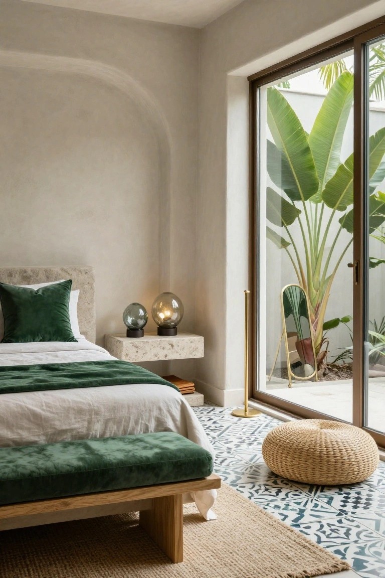 A minimalist luxury bedroom with beige curved walls, a bed in green velvet textiles on white sheets, floating travertine nightstands holding smoked glass globe lamps, oak and green velvet bench at the foot, gold floor mirror, rattan pouf on blue patterned tile floor, and floor-to-ceiling sliding glass doors revealing a tall potted banana leaf plant outdoors.