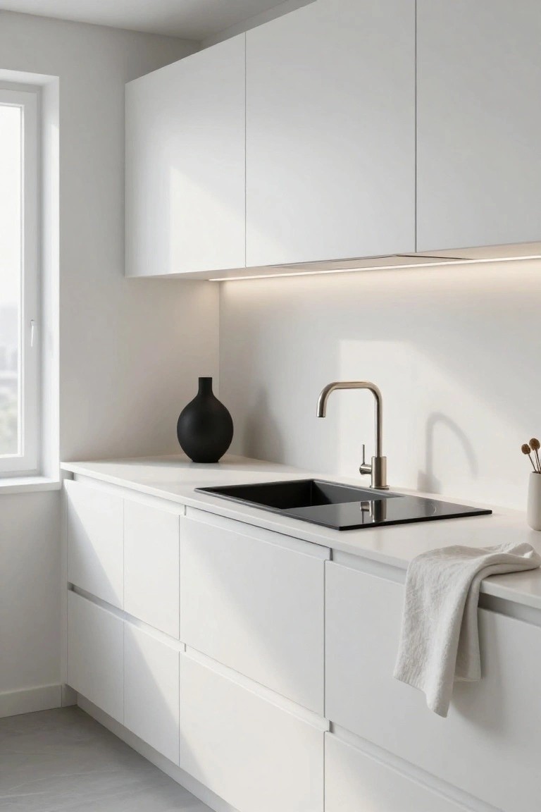 Small modern kitchen with white handleless flat-panel cabinets lining walls floor to ceiling, black integrated sink in white countertop, brass gooseneck faucet, black vase and dish towel on counter, under-cabinet lighting, and large window.
