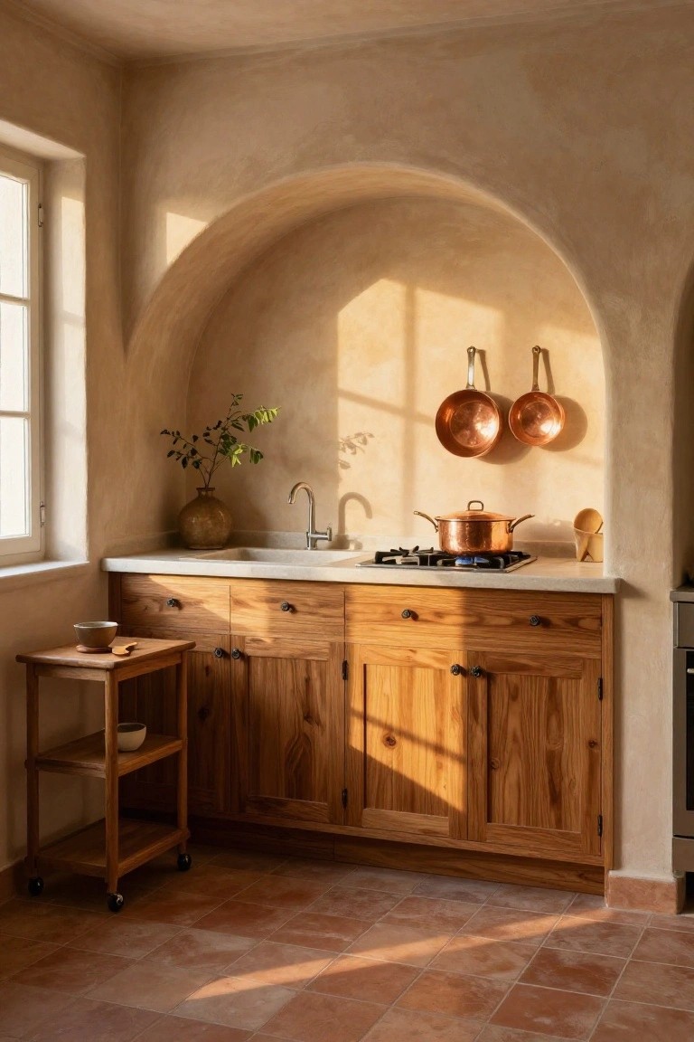 A small kitchen with a beige arched plaster niche housing a sink and gas cooktop, wooden cabinets below, two hanging copper pots, a potted plant, and terracotta tile floor in warm sunlight.