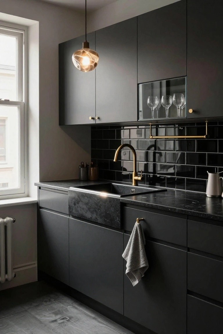 Compact kitchen with matte black cabinets, black granite counters and sink, brass faucet and hardware, black subway tile backsplash, glass-front cabinet displaying wine glasses, pendant light, and towel on cabinet pull.