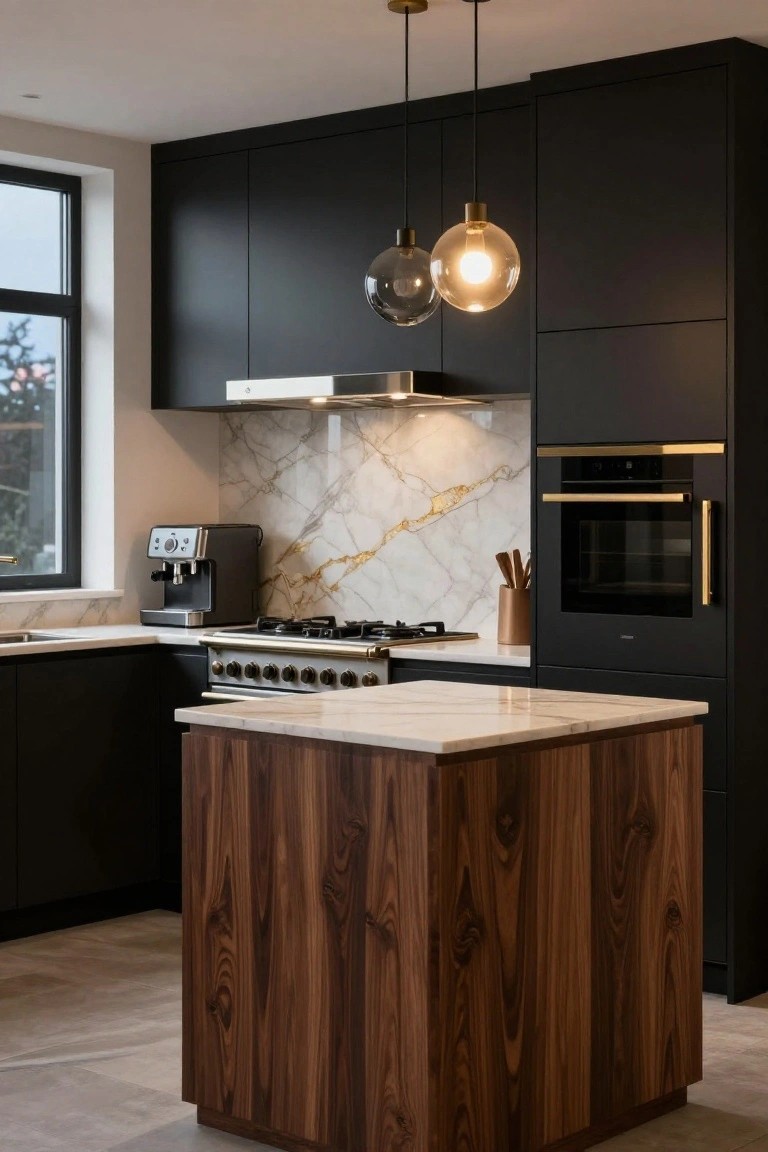 Compact modern kitchen with matte black cabinets, central square walnut wood island topped by white marble countertop, gold-veined white marble backsplash, brass pendant lights, built-in oven, gas range, and coffee machine.